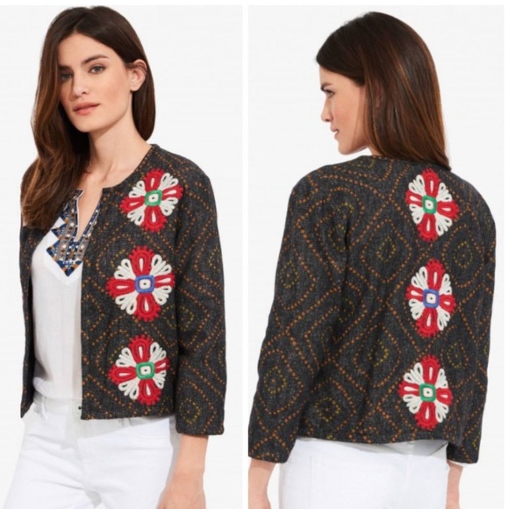ROBERTA ROLLER RABBIT Open Front Black Floral Embroidered Wool Blend Blazer XS/S